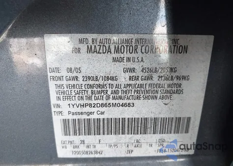 2006 Mazda Mazda6 S Grand Sport из США, поврежденный, VIN 1YVHP82D865M04683